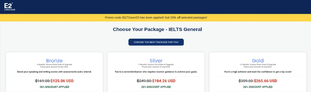 E2's package page with the code IELTSover20 applied, showing 26% off the Bronze, Silver and Gold packages